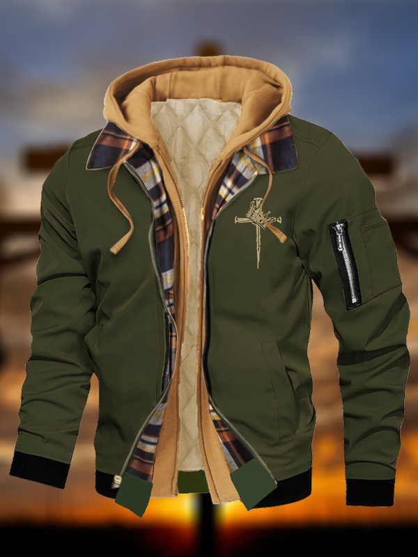  Cross Crown Jesus God Christian Warm Hooded Bomber Jacket