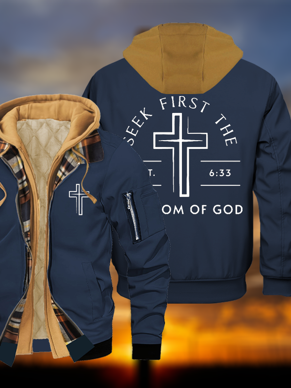 Seek First The Kingdom Of God Jesus God Christian Warm Hooded Bomber Jacket