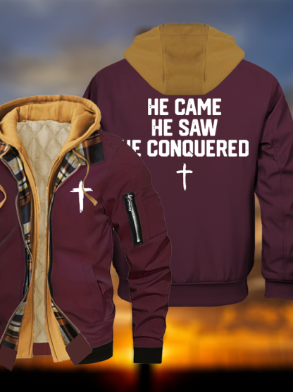 He Came He Saw He Conquered Jesus God Christian Warm Hooded Bomber Jacket