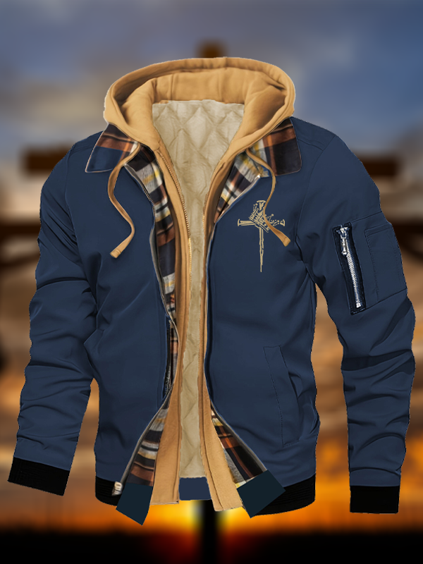  Cross Crown Jesus God Christian Warm Hooded Bomber Jacket