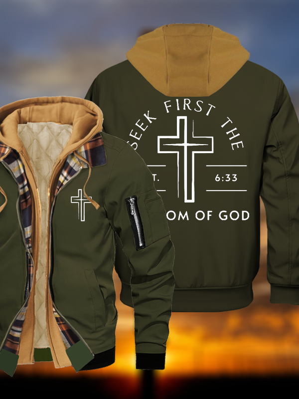 Seek First The Kingdom Of God Jesus God Christian Warm Hooded Bomber Jacket