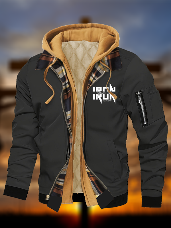 IRON SHARPENS IRON Proverbs 27:17 Jesus God Christian Warm Hooded Bomber Jacket