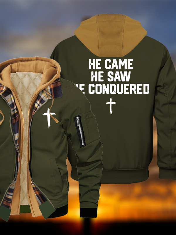 He Came He Saw He Conquered Jesus God Christian Warm Hooded Bomber Jacket