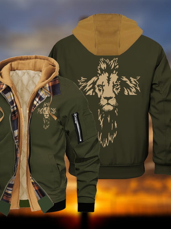 Lion Cross Jesus God Christian Warm Hooded Bomber Jacket