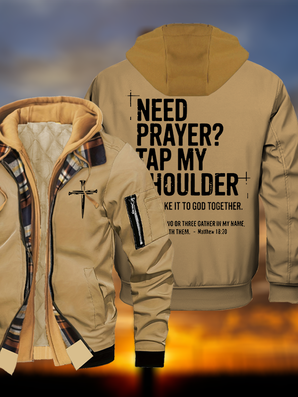 Need Prayer Tap My Shoulder Jesus God Christian Warm Hooded Bomber Jacket