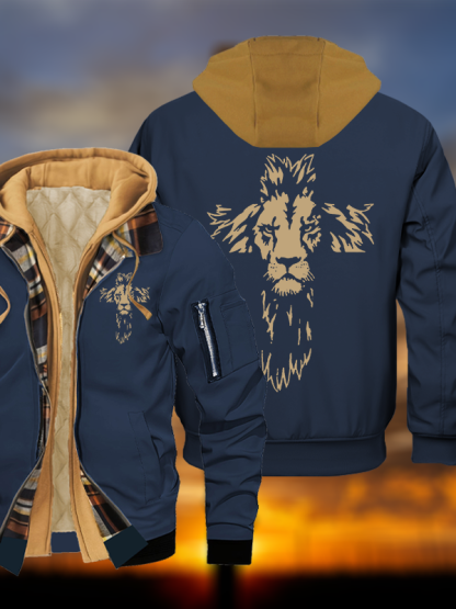 Lion Cross Jesus God Christian Warm Hooded Bomber Jacket