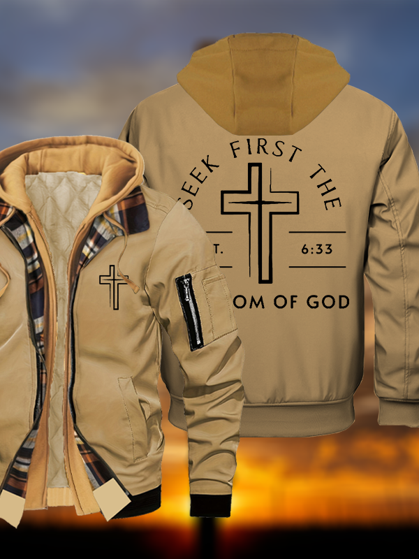 Seek First The Kingdom Of God Jesus God Christian Warm Hooded Bomber Jacket