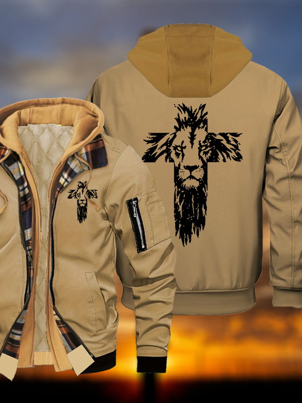 Lion Cross Jesus God Christian Warm Hooded Bomber Jacket