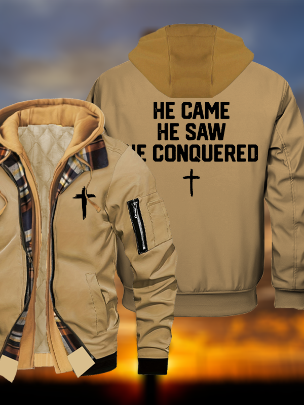He Came He Saw He Conquered Jesus God Christian Warm Hooded Bomber Jacket