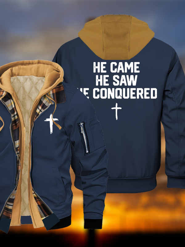 He Came He Saw He Conquered Jesus God Christian Warm Hooded Bomber Jacket