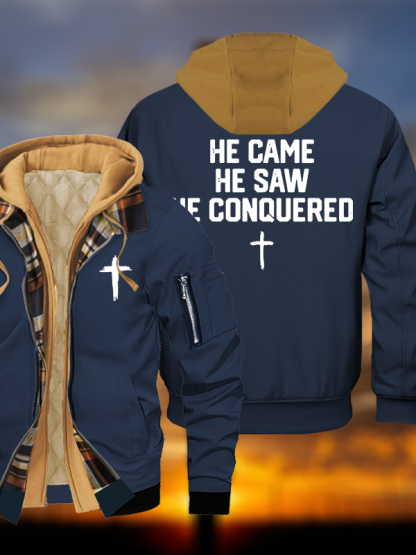 He Came He Saw He Conquered Jesus God Christian Warm Hooded Bomber Jacket