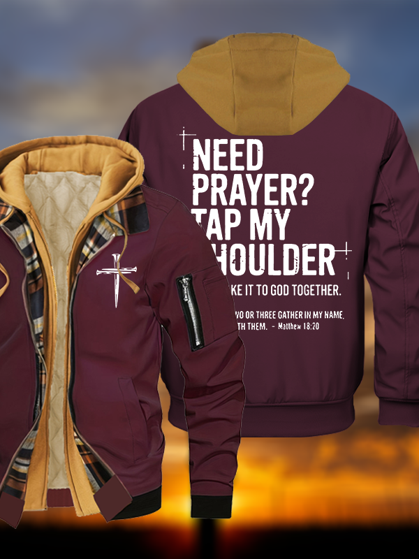 Need Prayer Tap My Shoulder Jesus God Christian Warm Hooded Bomber Jacket