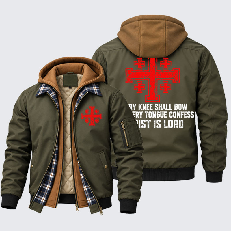 Hooded Bomber Jacket -Every Knee Shall Bow – Christ Is Lord