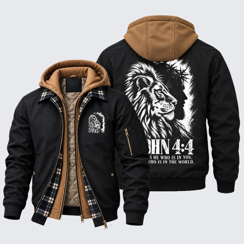 Hooded Bomber Jacket - Greater Is He Who Is in You – 1 John 4:4 Christian Lion