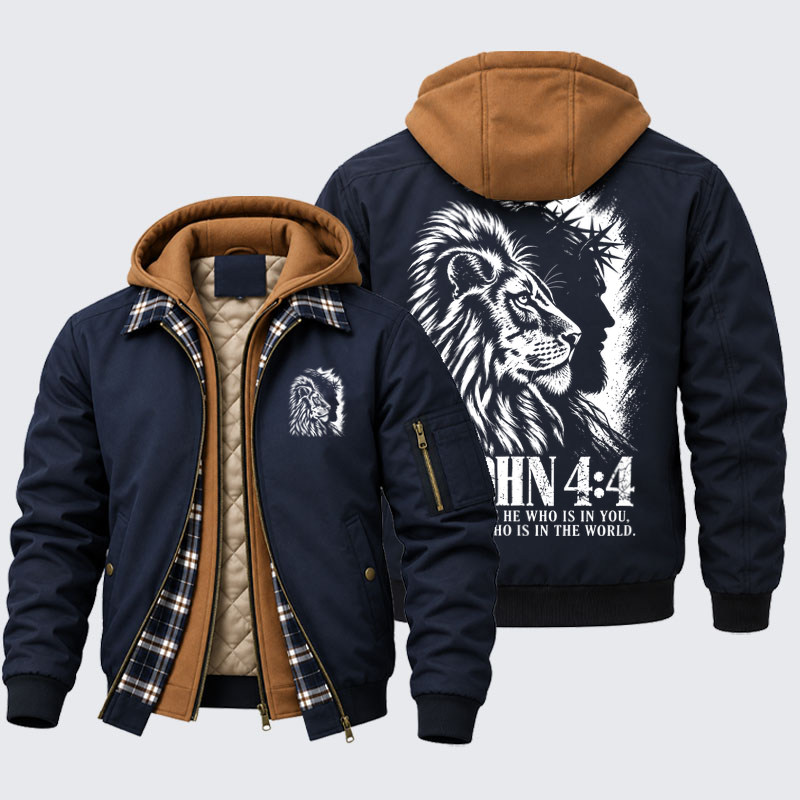 Hooded Bomber Jacket - Greater Is He Who Is in You – 1 John 4:4 Christian Lion
