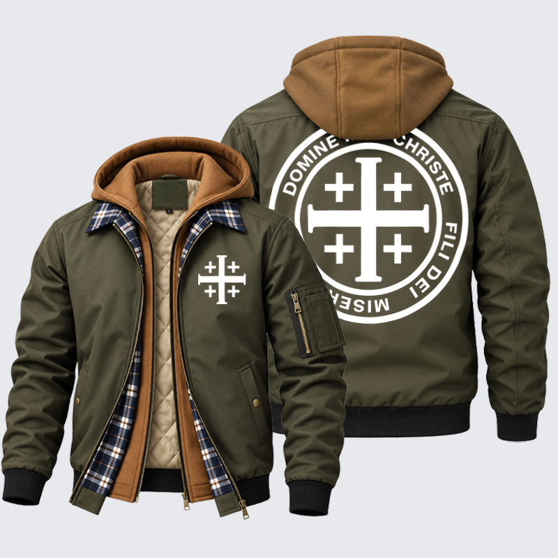 Hooded Bomber Jacket - Domine Iesu Christe Jerusalem Cross