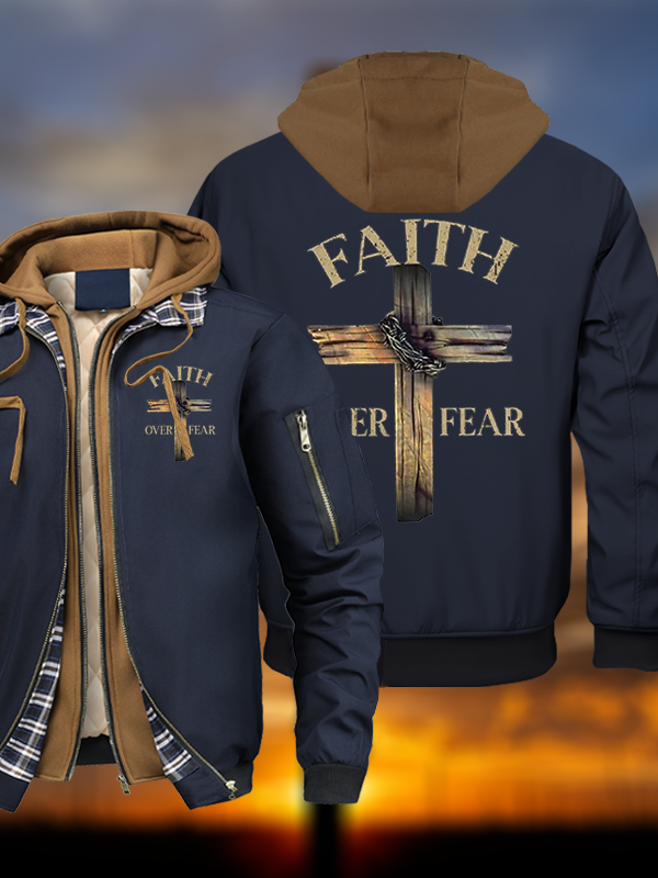 Cross Faith Over Fear Warm Hooded Bomber Jacket