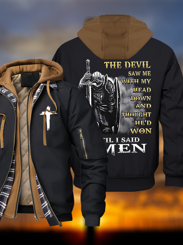The Devil Saw Me with My Head Down and Thought He'd Won Until I Said Amen Warm Hooded Bomber Jacket