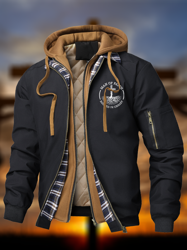 Man of Faith Rooted in Christ  Warm Hooded Bomber Jacket