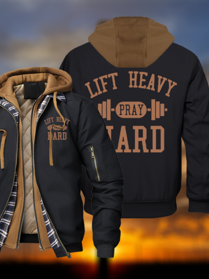 Lift Heavy Pray Hard Christian Hooded Bomber Jacket