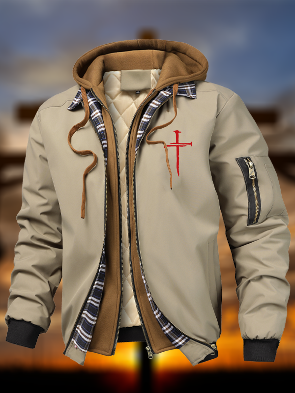 Cross Printed  Warm Hooded Bomber Jacket
