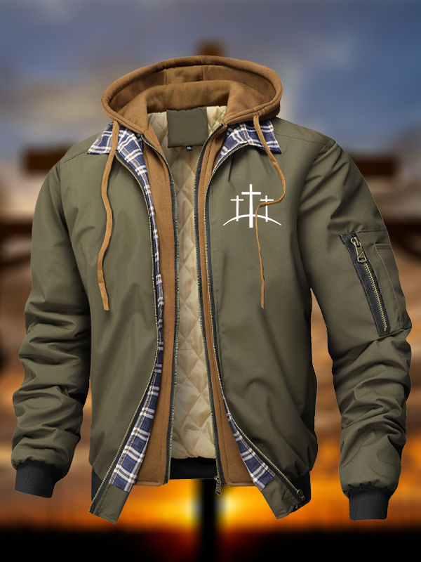 Cross Printed  Warm Hooded Bomber Jacket