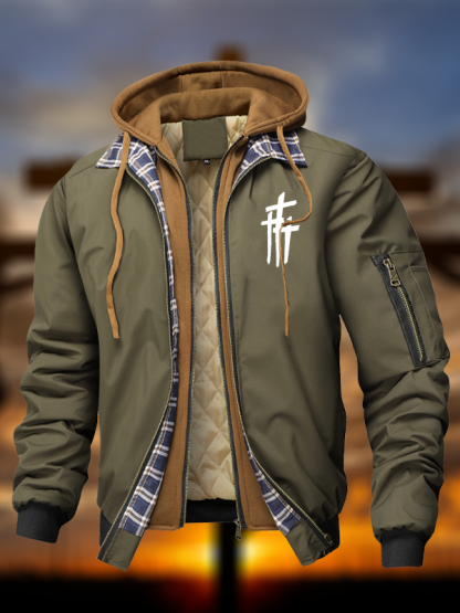 Faith Printed Warm Hooded Bomber Jacket