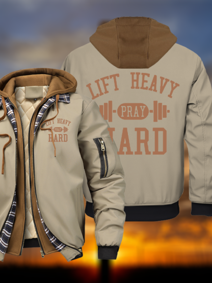 Lift Heavy Pray Hard Christian Hooded Bomber Jacket
