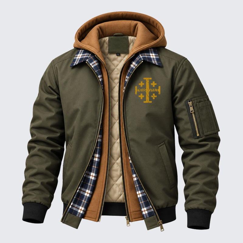 Hooded Bomber Jacket - Deus Vult + Jerusalem Cross