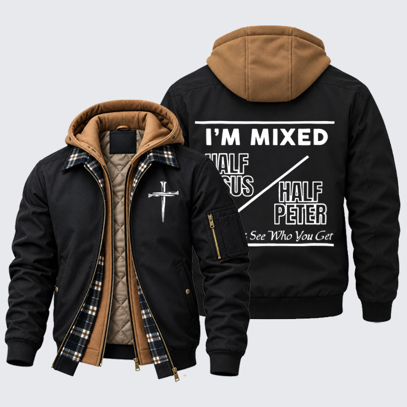 Hooded Bomber Jacket -  I Am Mixed Half Jesus and Half Peter 