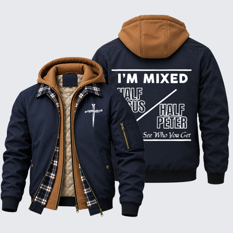 Hooded Bomber Jacket -  I Am Mixed Half Jesus and Half Peter 