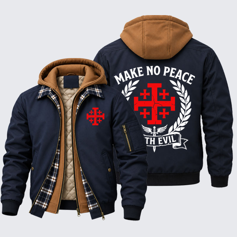 Hooded Bomber Jacket - Make No Peace with Evil Knight Templar Jerusalem Cross