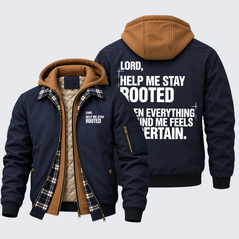Hooded Bomber Jacket - Lord Help Me Stay Rooted   