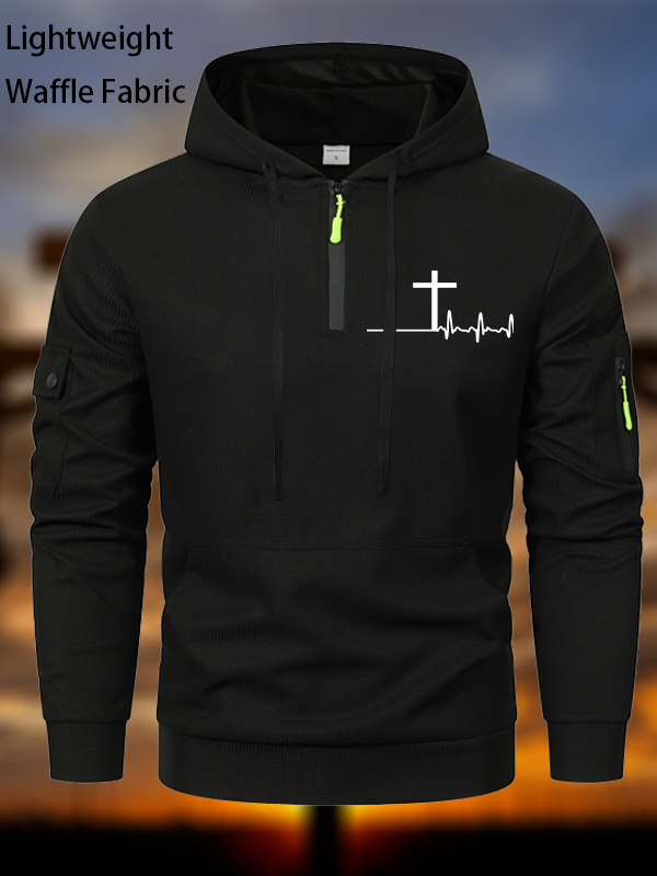 ECG Cross  Waffle Fabric Zipper Hoodies