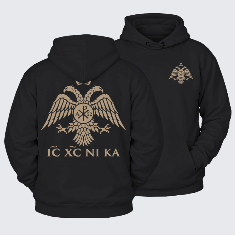 Plush Fleece-Lined Hoodie - IC XC NIKA – Chi-Rho Double-Headed Eagle - Black (front and back)
