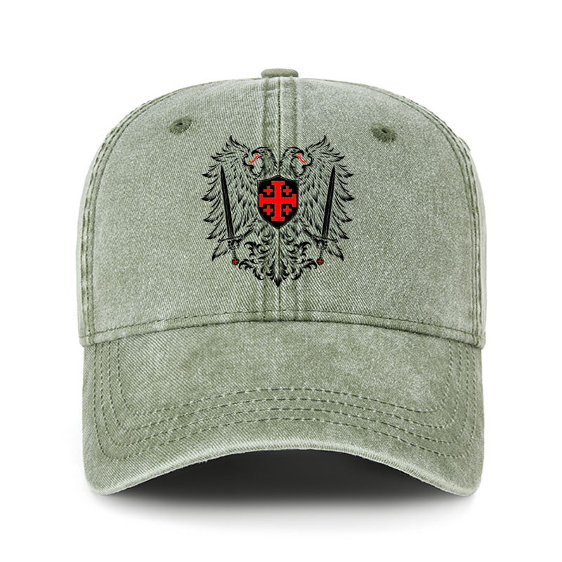Heritage Washed Cap - Jerusalem Cross – Christian Double-Headed Eagle Warrior - Sage Green (front)