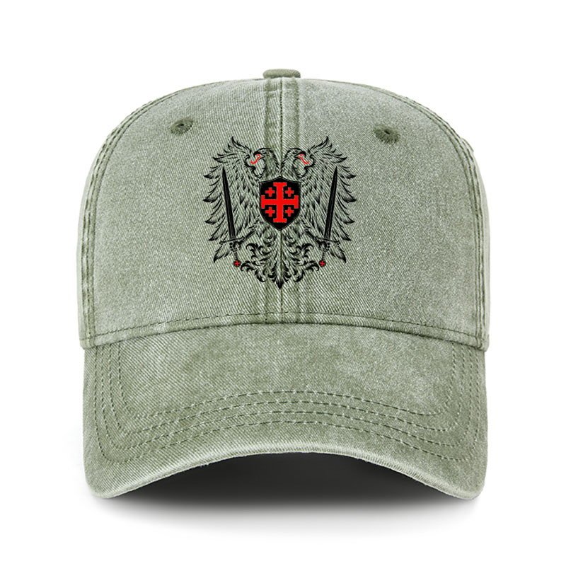 Heritage Washed Cap - Jerusalem Cross – Christian Double-Headed Eagle Warrior - Sage Green (front)