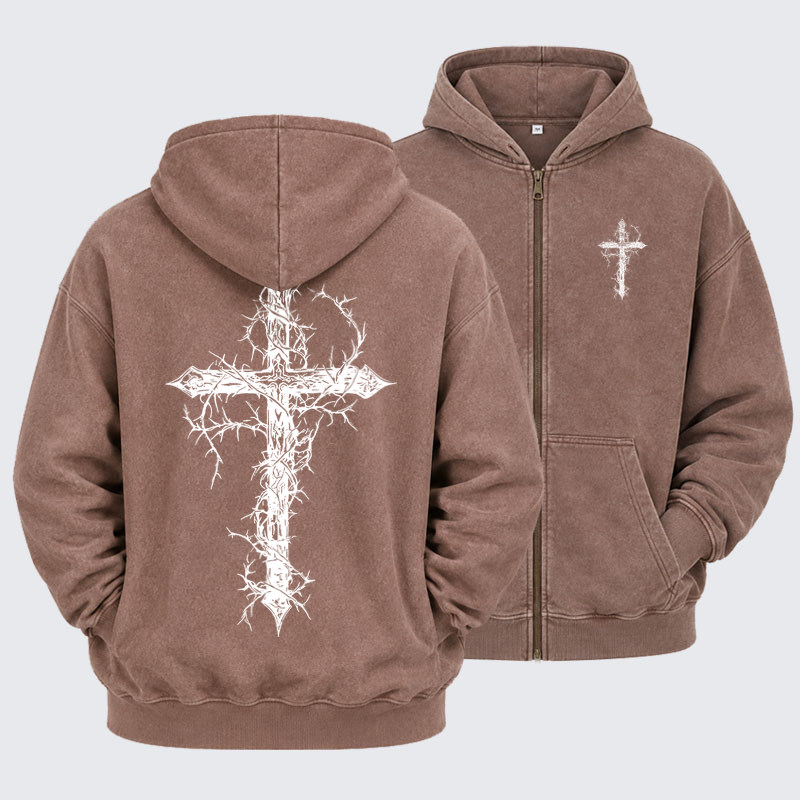 Washed Zip-Up Hoodie - Cross - Coffee (front and back)