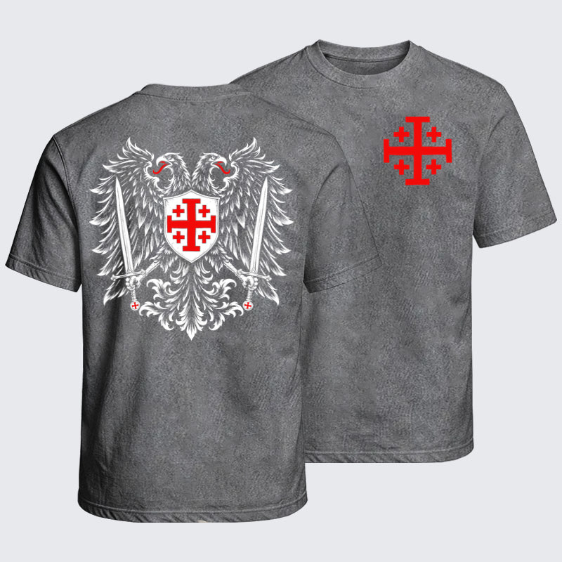 Washed T-Shirt - Jerusalem Cross – Christian Double-Headed Eagle Warrior - Light Gray (front and back)