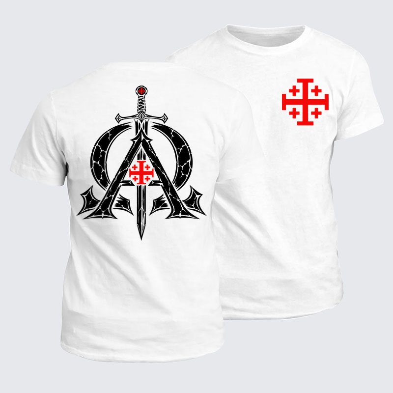 Classic Cotton Tee - Alpha & Omega – Revelation 22:13 Christian Warrior - White (front and back)