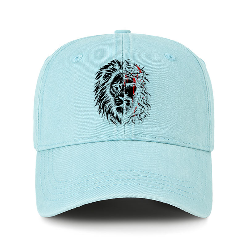 Heritage Washed Cap - Lion of Judah & Jesus – Crown of Thorns - Lake Blue (front)