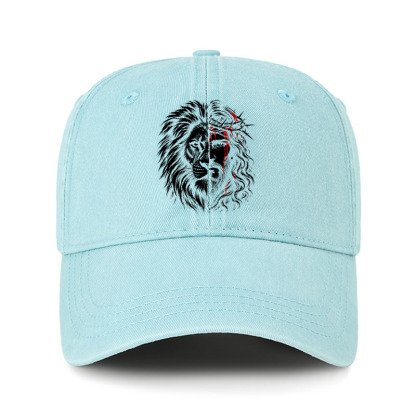 Heritage Washed Cap - Lion of Judah & Jesus – Crown of Thorns - Lake Blue (front)