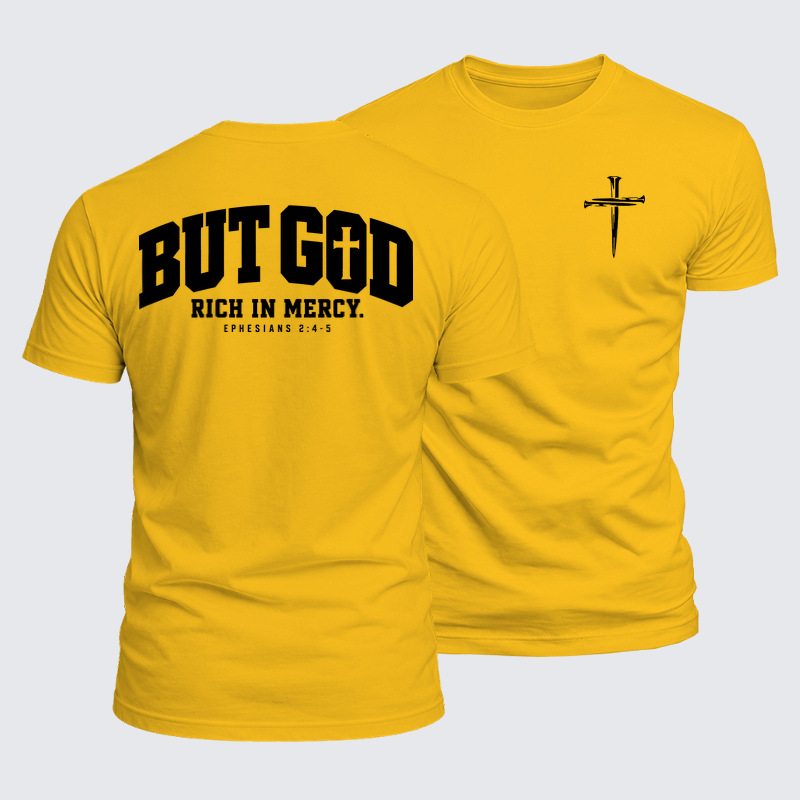 Luxe Mercerized Cotton Tee - But God Rich in Mercy – Ephesians 2:4-5 - Golden Yellow (front and back)