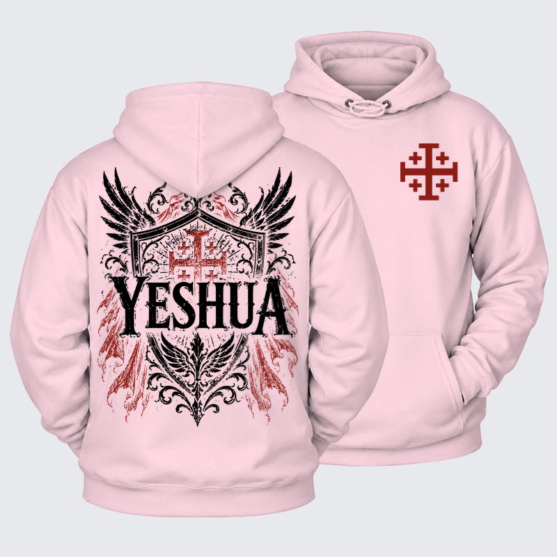 Plush Fleece-Lined Hoodie - Yeshua – King of Kings - Light Pink (front and back)