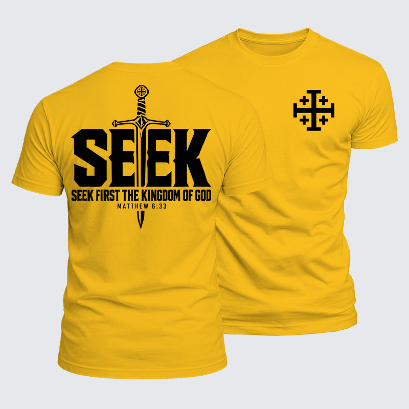 Luxe Mercerized Cotton Tee - Seek First the Kingdom of God – Matthew 6:33 - Golden Yellow (front and back)