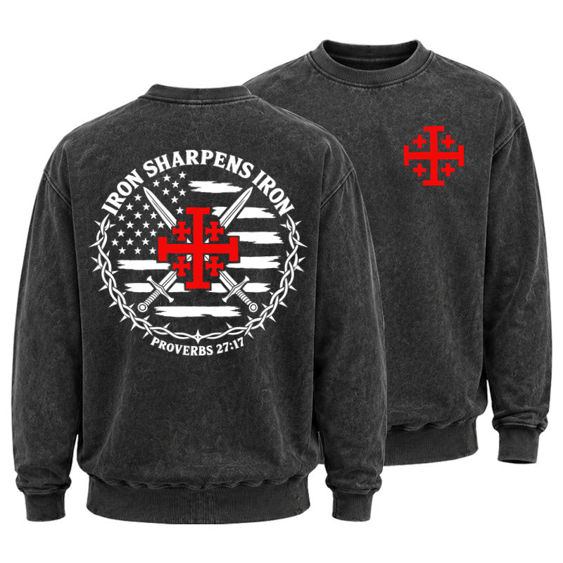 Washed Sweatshirt - Iron Sharpens Iron – Jerusalem Cross & American Flag - Black (front and back)