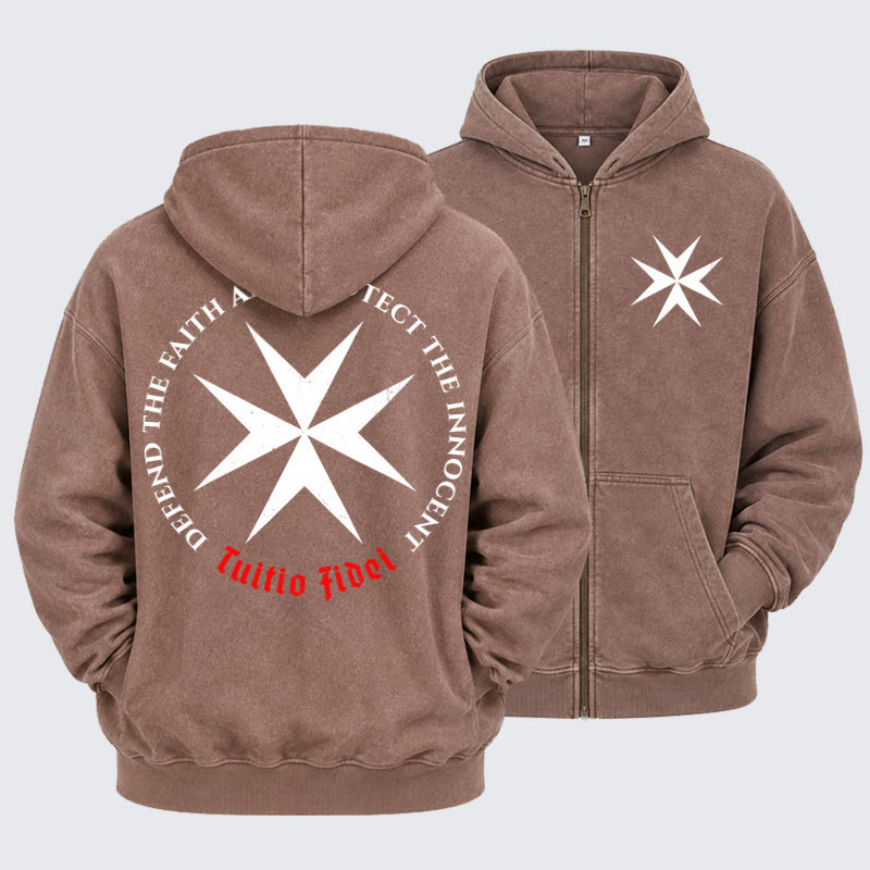 Washed Zip-Up Hoodie - Defend the Faith, Protect the Innocent Christian Knighti – Tuitio Fide - Coffee (front and back)