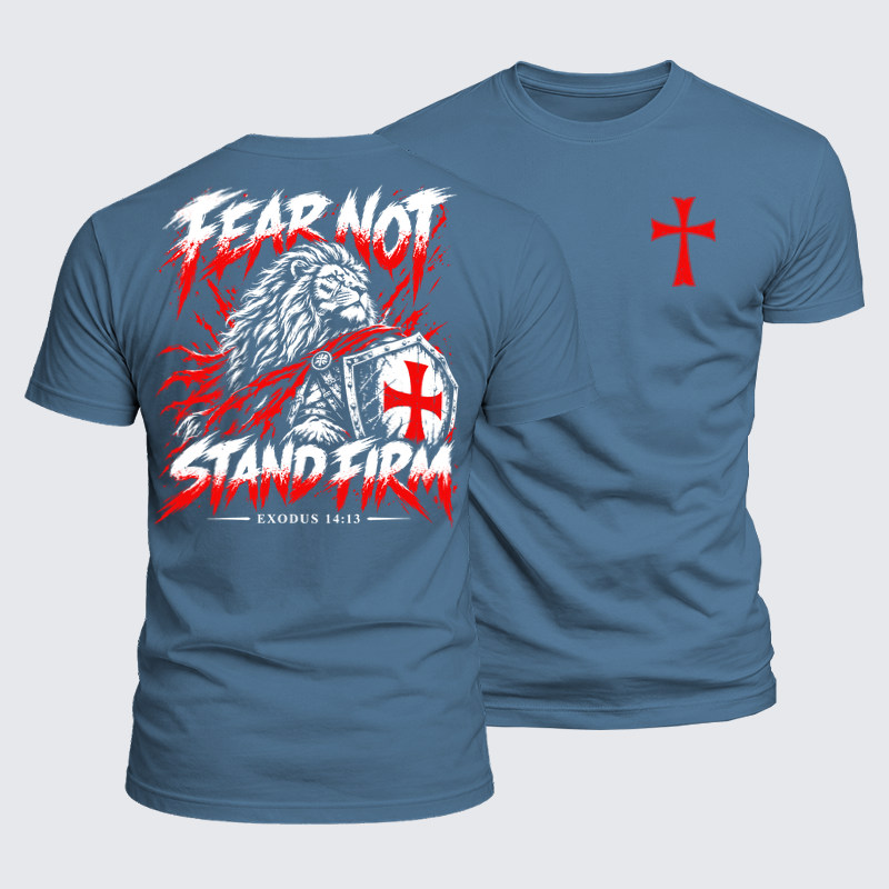 Luxe Mercerized Cotton Tee - Fear Not – Stand Firm Lion - Ocean Blue (front and back)