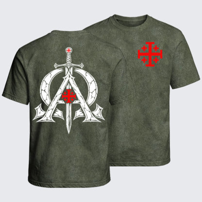 Washed T-Shirt - Alpha & Omega – Revelation 22:13 Christian Warrior - Army Green (front and back)