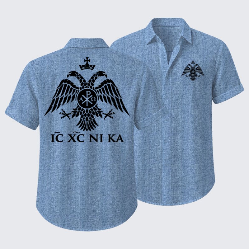 Short Sleeve Casual Shirt - IC XC NIKA – Chi-Rho Double-Headed Eagle - Sky blue (front and back)